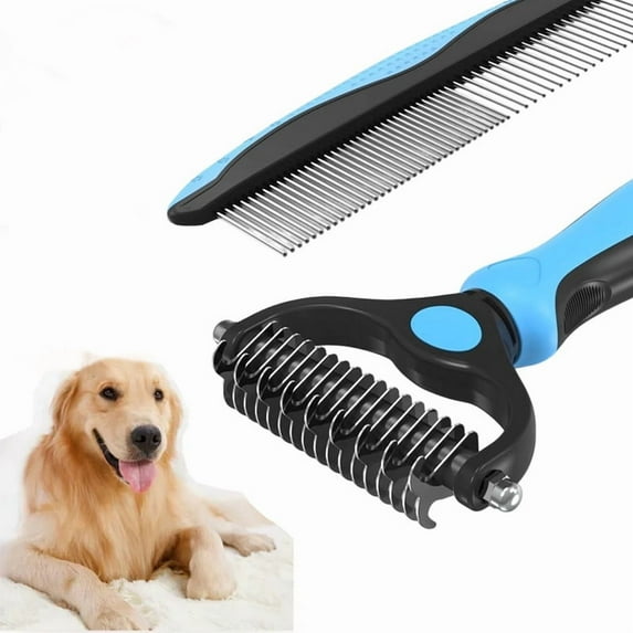 【2-in-1 Deshedding Tool】Double Sided Dematting Rake for Dogs & Cats, Effectively Remove Mats & Undercoat, Reduce Shedding, Professional Grooming Comb for All Coat Types (Blue/Black)