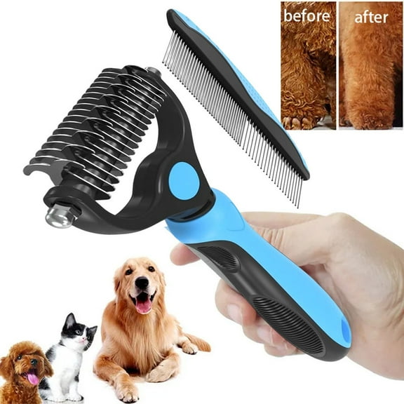 【2-in-1 Deshedding Tool】Pet Grooming Kit - Undercoat Rake & Dematting Brush for Long Haired Dogs & Cats, Reduce Shedding, Painless Detangling, Professional Deshedder for Thick Coated Pets, Black
