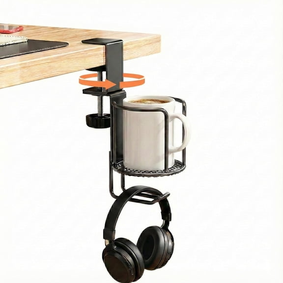 2-in-1 Desk Cup Holder with Headphone Hanger, 360 Rotating Anti-Spill Drink Holder, Adjustable Clamp-On Stand for Gaming Desk & Office, Fits Mugs with Handles, Tumblers & Water Bottles