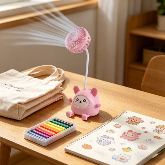 2-in-1 Desktop Pen Holder Fan USB Rechargeable Desk Cooler with Flexible Gooseneck Quiet Operation Cute Style Storage Organizer for Classroom Campus Office Study(Pink)