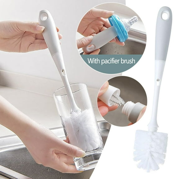 2-in-1 Detachable Long Handle Cup Brush - Nylon Bristles for Bottles, Kettles & Pacifiers - 31cm Cleaning Brush for Milk Bottles, Pots & Narrow Openings - White PP+Nylon+Steel Design