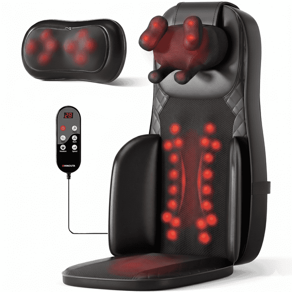 Generic Detachable Adjustable Neck & Back Shiatsu Style Kneading Seat Cushion Massager w/ Heating & Hip Vibration for Home Office Chair, Black