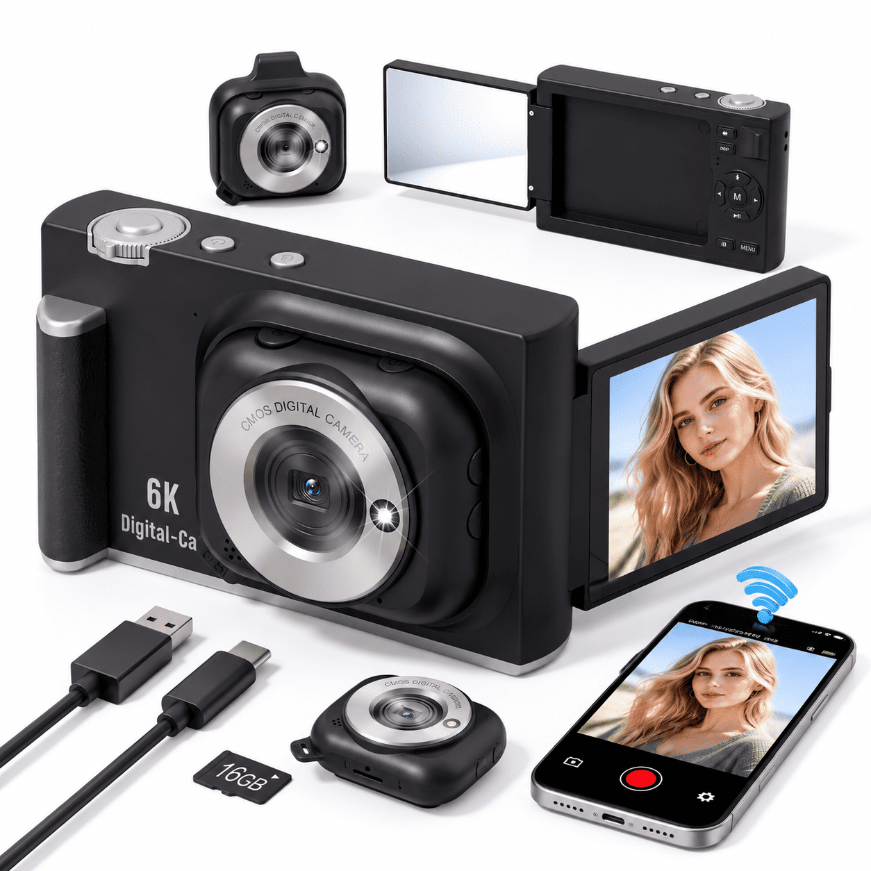 2-in-1 Digital Camera with WiFi, Detachable POV Flip Screen, Built-in ...