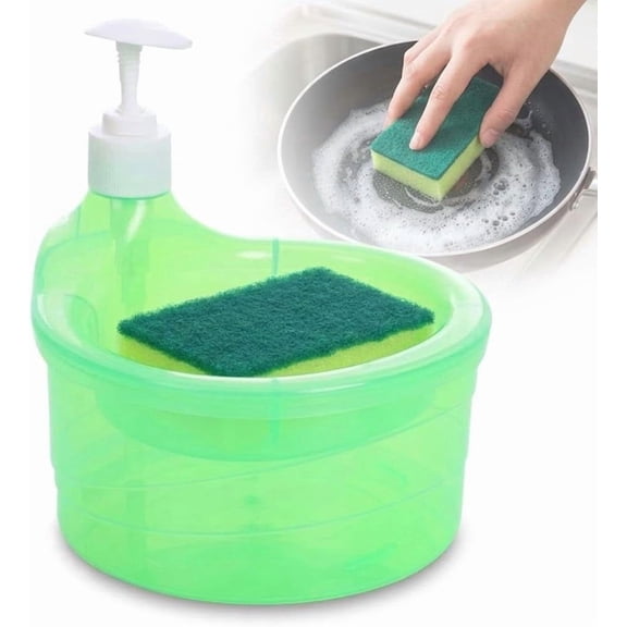 2-in-1 Dish Soap Dispenser with Sponge Holder, Press Type Dishwashing Soap Dispenser for Kitchen Sink, Large Capacity Leak-Proof Countertop Organizer (White)