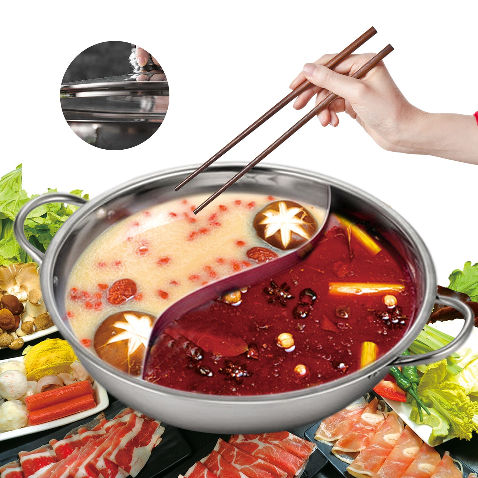 2-in-1 Divided Hot Pot, 5L/1.32Gal Dual Soup Base Pot with Lid ...