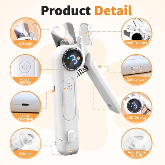 2-in-1 Dog and Cat Nail Grinder Clipper 3-Speed Adjustable Electric Grooming Tool with LED Light Quiet Motor USB Rechargeable for Safe Trimming Professional Pet Care