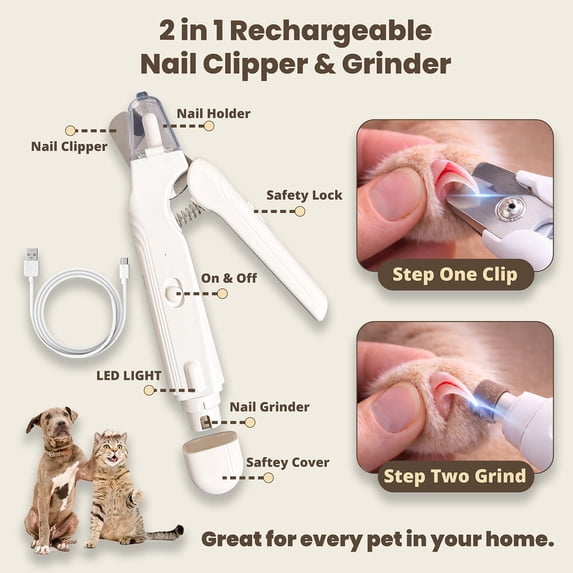 2-in-1 Dog Clippers & Cat Clipper With 2 Led Lights Usb Rechargeable Safety Guard Low Noise Tool For Small Medium And Large Trimmer(white)