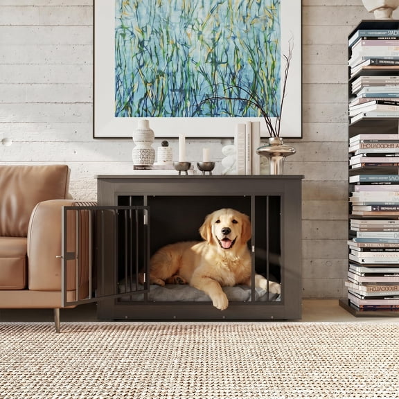 2-in-1 Dog Crate End Table 38.2 Inch Heavy Duty Wood & Iron Kennel with Secure Locking Doors, for Small Medium Large Dogs