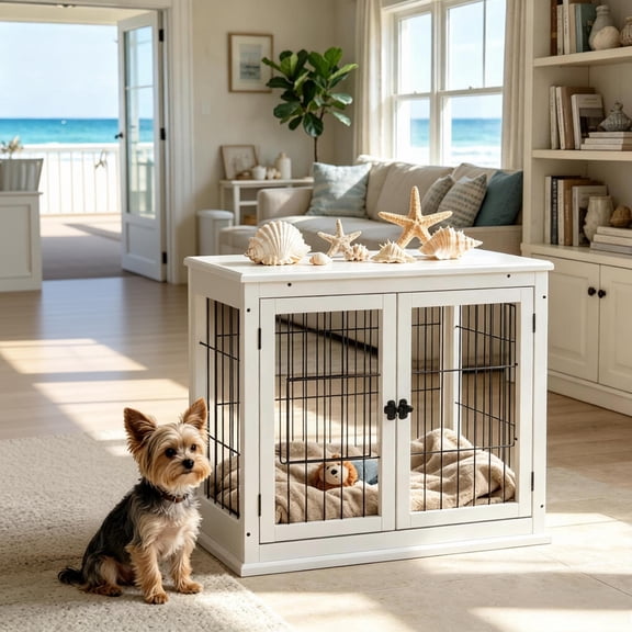 2-in-1 Dog Crate End Table, Furniture-Style Puppy Kennel with Double Entrances & Lockable Doors, Sturdy MDF Frame, for Small & Medium Dogs Up to 44 lbs