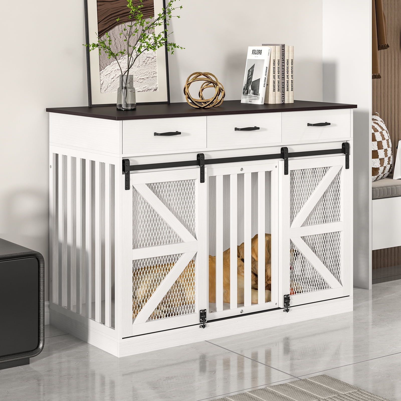 2-in-1 Dog Crate Furniture - Large Dog Kennel With Drawers Storage - Double Doors Heavy Duty Indoor Tv Stand