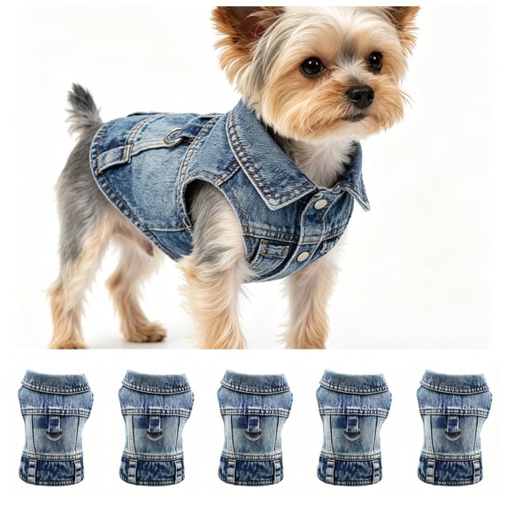 2-in-1 Dog Denim Vest Harness Lapel Sleeveless Jean Jacket Built-In Metal D-Ring Leash Attachment Lightweight All-Season Coat for Small Medium Dog Daily Walk Training,L,Blue