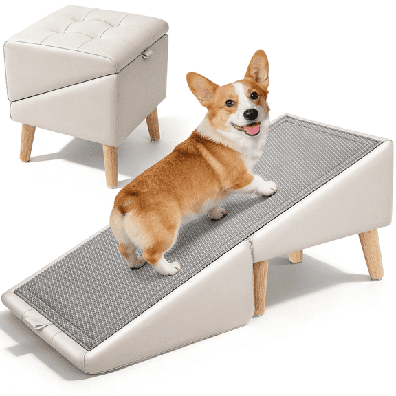 2-in-1 Dog Ramp for Bed and Couch, 16-Inch Fiber leather Dog Stairs – 25° Gentle Pet Ramp with Anti-Slip Surface– Joint Support Ramp for Small Dogs, Seniors & Injured Pets