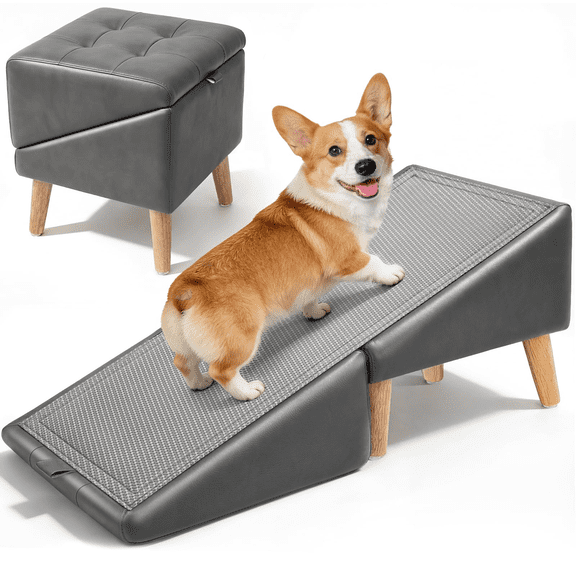 2-in-1 Dog Ramp for Bed and Couch, 16-Inch Fiber leather Dog Stairs  25 Gentle Pet Ramp with Anti-Slip Surface Joint Support Ramp for Small Dogs, Seniors & Injured Pets