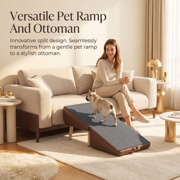 2-in-1 Dog Stairs and Ramp for Small Dogs & Cats, Foldable Wooden Pet Steps for Couch Bed, Non-Slip Gray Mat, Brown Ottoman Design