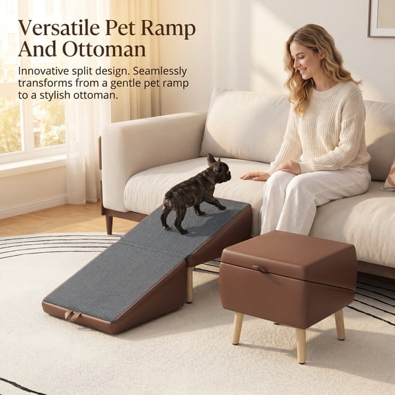 2-in-1 Dog Stairs and Ramp for Small Dogs & Cats, Foldable Wooden Pet Steps for Couch Bed, Non-Slip Gray Mat, Brown Ottoman Design