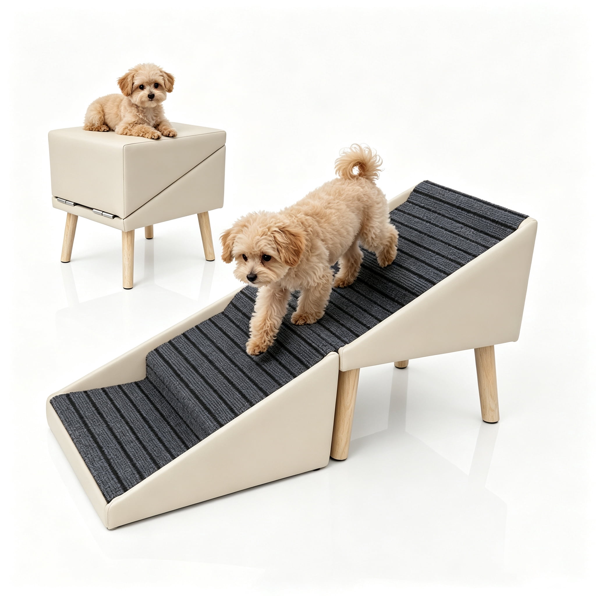 2-in-1 Dog Stairs for Bed and Couch 18.89" Foldable Dog Ramp for Couch 4 Pet Steps & Ottoman for Small Dogs, Beige