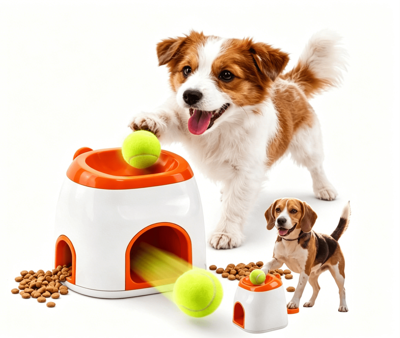 2-in-1 Dog Tennis Ball Launcher & Treat Dispenser, Automatic Ball Thrower for Small Medium Dogs, Interactive Pet Feeder Toy, No Batteries Needed