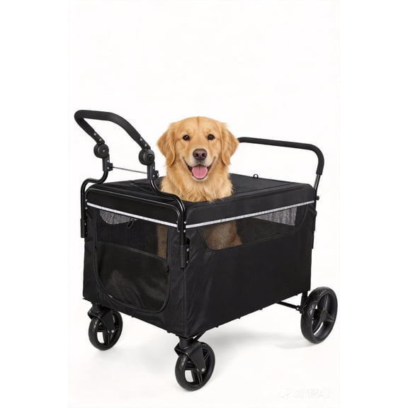 2-in-1 Dog Wagon Stroller for Large Dogs, Push Pull Collapsible Dog Cart with Ramp, All Terrain Wheels and One Step Brake, Foldable Pet Stroller for Camping Hiking