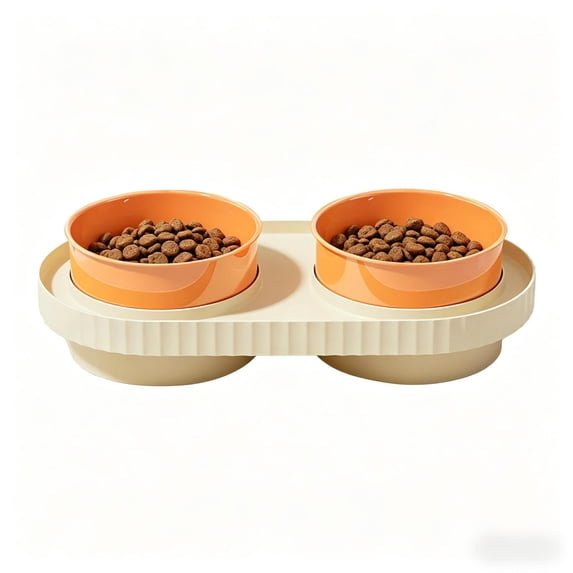 2-in-1 Double Cat Dog Bowl, Anti-Tip Weighted Base Non-Slip Food-Grade Plastic Food & Water Feeder, Removable Easy Clean for Small & Medium Pets, Beige