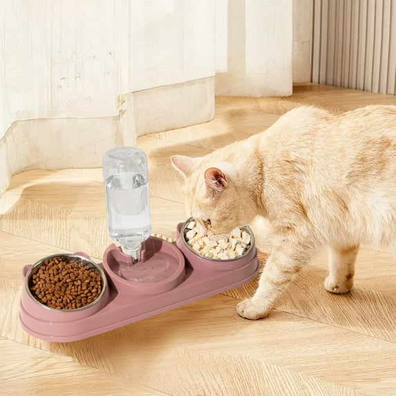 2-in-1 Double Dog Cats Bowl, Pet Water and Food Bowl Set with Automatic Water Dispenser Bottle, Detachable Stainless Steel Bowl with Non-Slip Base for Indoor Pet