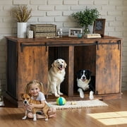 Double Dog Crate Furniture for 2 Dogs, DOMIPET Heavy-Duty Dog Kennel TV Stand with Divider and Sliding Doors, Large Dog Cage for Pet Cat Animals