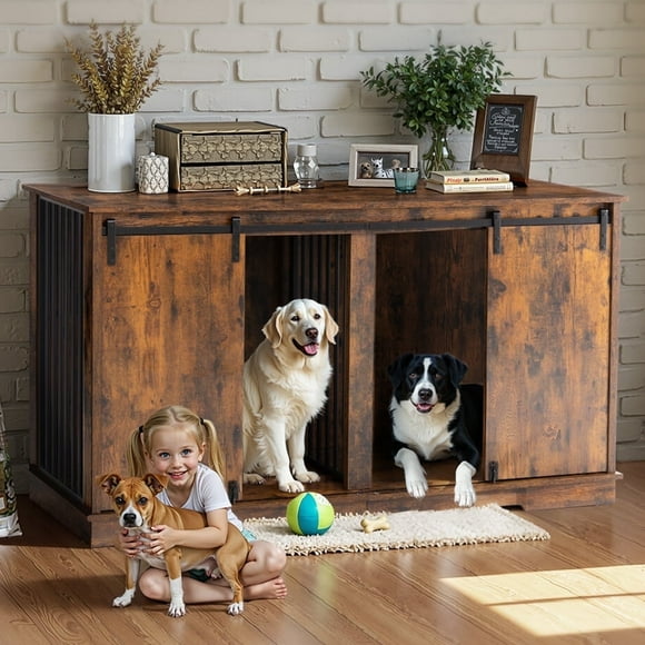 Double Dog Crate Furniture for 2 Dogs, DOMIPET Heavy-Duty Dog Kennel TV Stand with Divider and Sliding Doors, Large Dog Cage for Pet Cat Animals