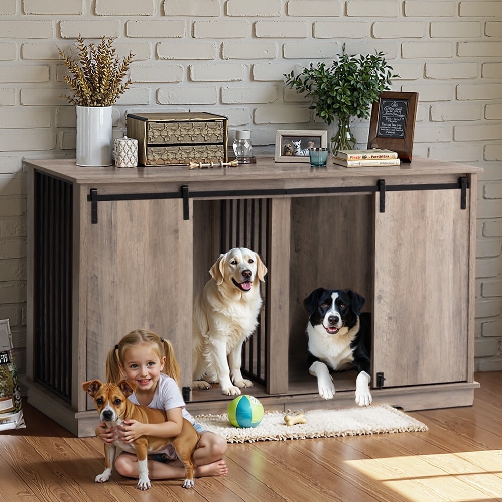 Large Dog Crate Furniture with 2 Divider End Table, DOMIPET Wooden Indoor Dog Kennel TV Stand, Metal Tube & 2 Lockable Barn Door