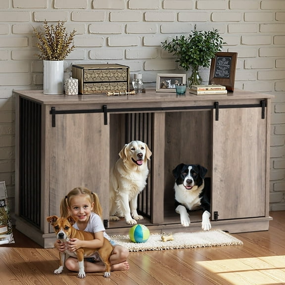 Large Dog Crate Furniture with 2 Divider End Table, DOMIPET Wooden Indoor Dog Kennel TV Stand, Metal Tube & 2 Lockable Barn Door