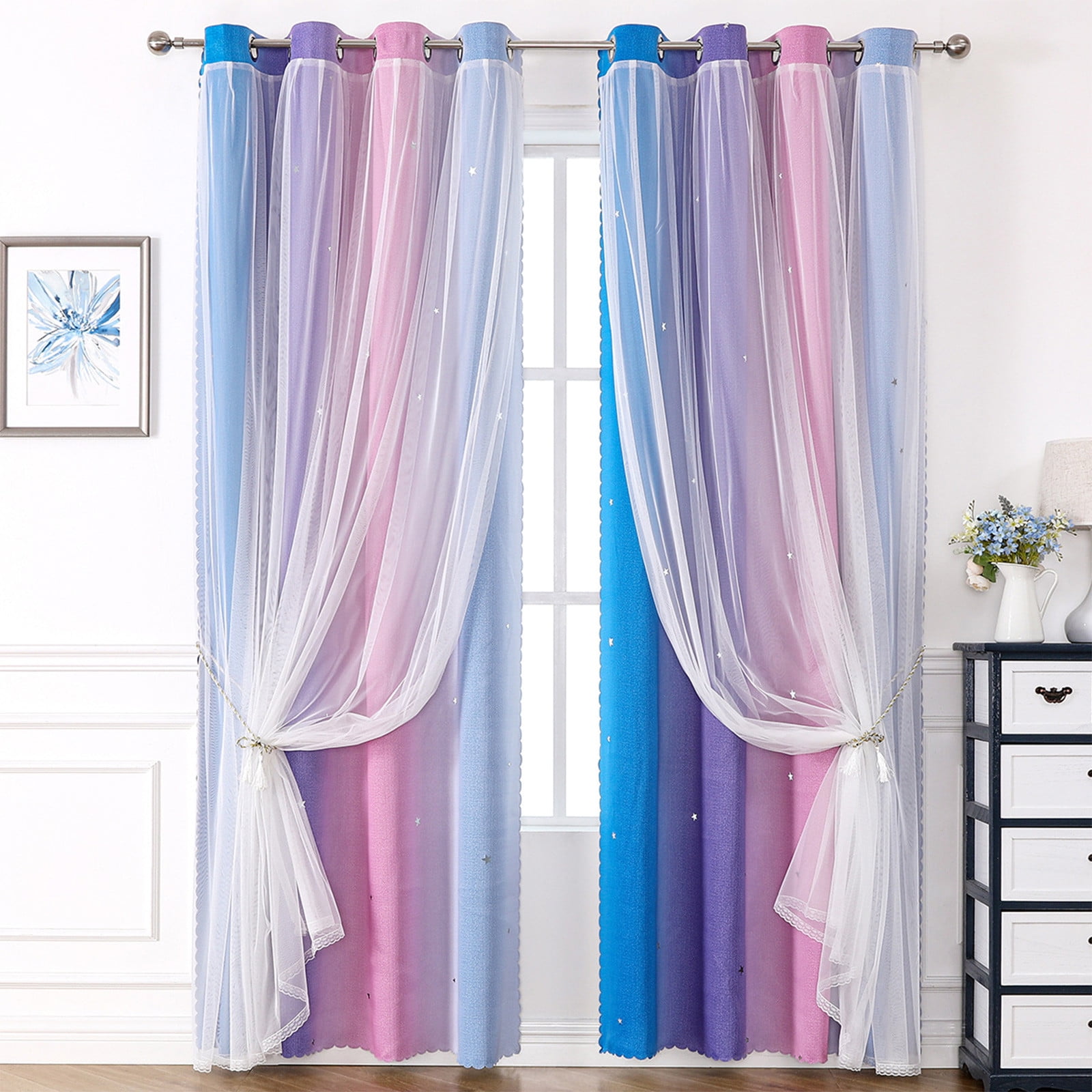 2-in-1 Double-Layer Kids & Girls Unicorn Princess Ombre Blackout Curtains with Foil Print Sheer,Panels for Bedroom, Nursery, Living Room - Yellow Purple Blue, 52W x 63L