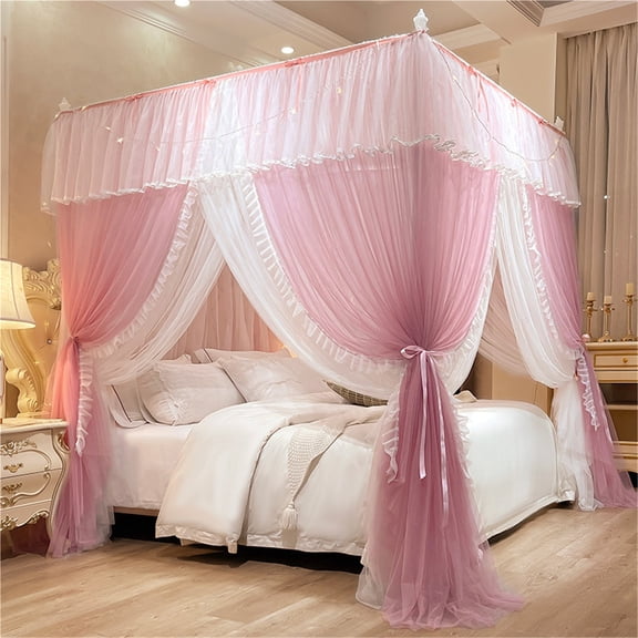 2-in-1 Double Layer Mosquito Net Bed Curtain, Household Blackout Bed Canopy with Stable Support Bracket, All-in-One Privacy Bed Screen for Bedroom