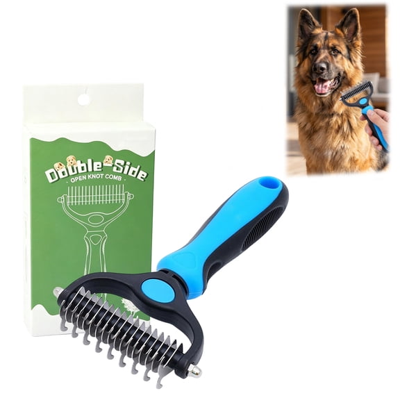 2-in-1 Double-Sided Deshedding Dog Brush, Pet Shedding Remover Rounded-Tooth Comb (Blue-Large)