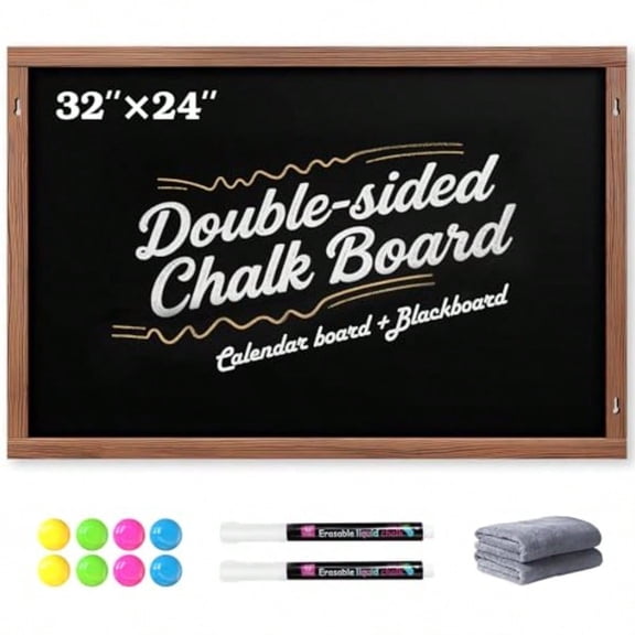2-in-1 Double-Sided Magnetic Chalkboard 36x24 Chalk Calendar Board Large Blackboard for Kitchen Home Decor Schedule Menu Back-to-School Gift - Hanging Chalk Board with 2 Liquid Pens Brown
