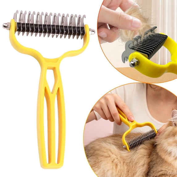 2-in-1 Double Sided Pet Grooming Brush, Stainless Steel Deshedding & Dematting Rake, Undercoat Comb for Long Hair, Thick Fur & Matted Coats Dogs and Cats, Easy Grip