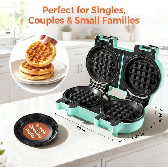 2-in-1 Double Waffle & Pancake Maker - 4" Nonstick Iron with Removable Plates, Dual Zone Cooking for Dorms & Small Kitchens