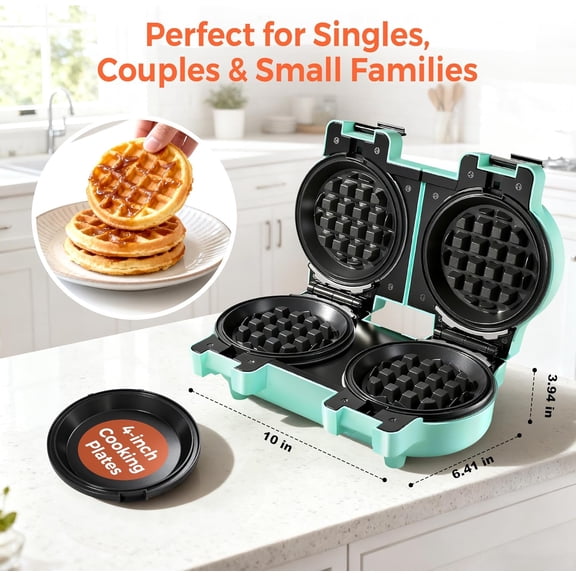 2-in-1 Double Waffle & Pancake Maker - 4" Nonstick Iron with Removable Plates for Small Spaces