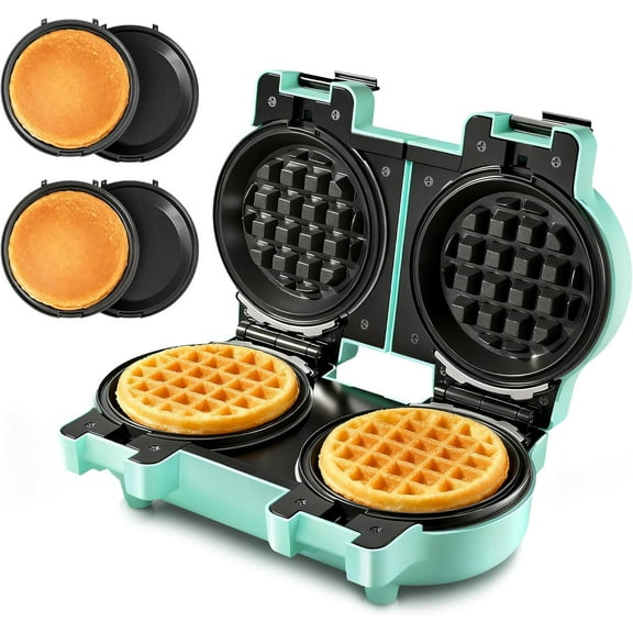 2-in-1 Double Waffle and Pancake Maker with 4 Inch Nonstick Plates Dishwasher Safe Aqua Bestseling