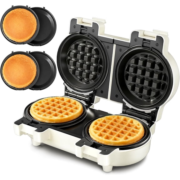 2 in 1 Double Waffle and Pancake Maker with 4 Inch Nonstick Waffle Iron and Round Griddle, Dishwasher Safe, Beige Bestseling