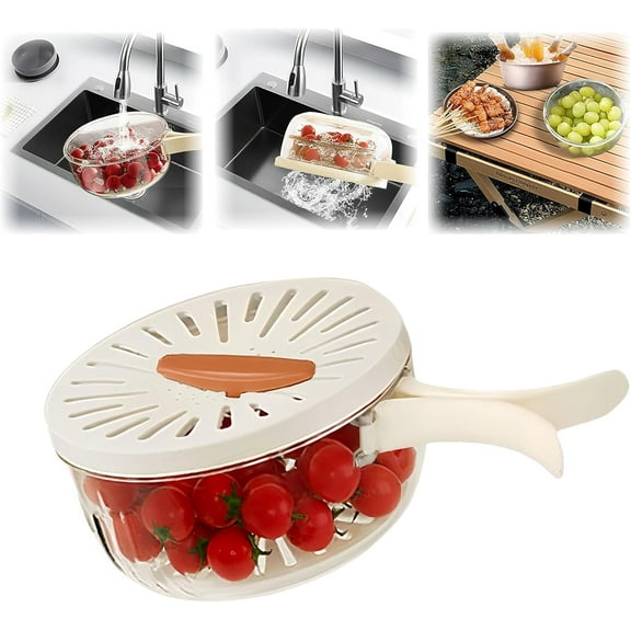 2-in-1 Draining and Preservation Basket,Fruit Washer with Hidden Handle & Fridge-Safe Design, Storage Container with Lid & Strainer for Kitchen, Picnic, Camping