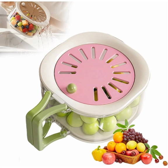 2-in-1 Draining and Preservation Basket, Multifunctional Fruit and Vegetable Washing Bowl with Handle, Fruit Strainer Container and Lid for Kitchen, Fridge, Outdoor Picnics, and Camping