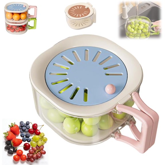 2-in-1 Draining and Preservation Basket, Multifunctional Fruit Washing Bowl with Strainer Strainer Lid and Foldable Handle, Fruit Washing Basket for Kitchen Fridge Outdoor Picnic Camping