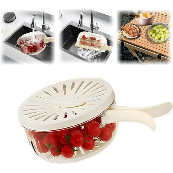 2-in-1 Draining and Preservation Fruit Vegetable Washing Bowl with Lid, Sealed Strainer & Foldable Handle for Kitchen, Fridge, Picnic