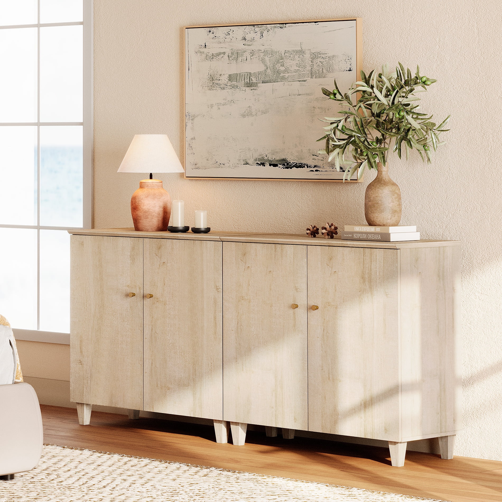 2-in-1 Dresser Cabinets with 6 Compartments for Bedroom, Modern Wood Wide Dresser Chest with Doors, Biscotti,1 Pack