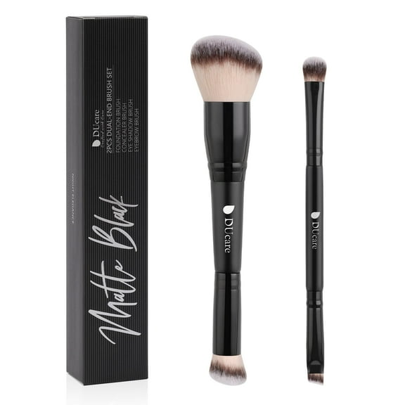 2-in-1 Dual-Ended Makeup Brushes 2 Pack - Black Edition DUcare Contouring Foundation & Concealer Brushes for Liquid, Powder, Buffing, Blending