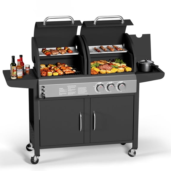 2-in-1 Dual Fuel Grill Combo (Propane + Charcoal) - 24000 BTU (3×8000BTU), 478.35 Sq.In Cooking Area, Stainless Steel & Iron with Side Burner, Outdoor BBQ