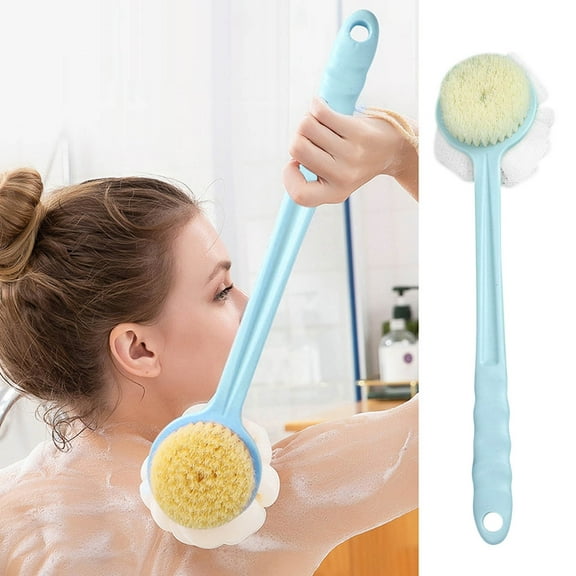 2-in-1 Dual-Sided Bath Brush with Long Handle | Soft Hair & Bath Pouf for Back Scrubbing | 35cm Non-Slip Grip for Adults | Exfoliating and Cleansing Shower Brush