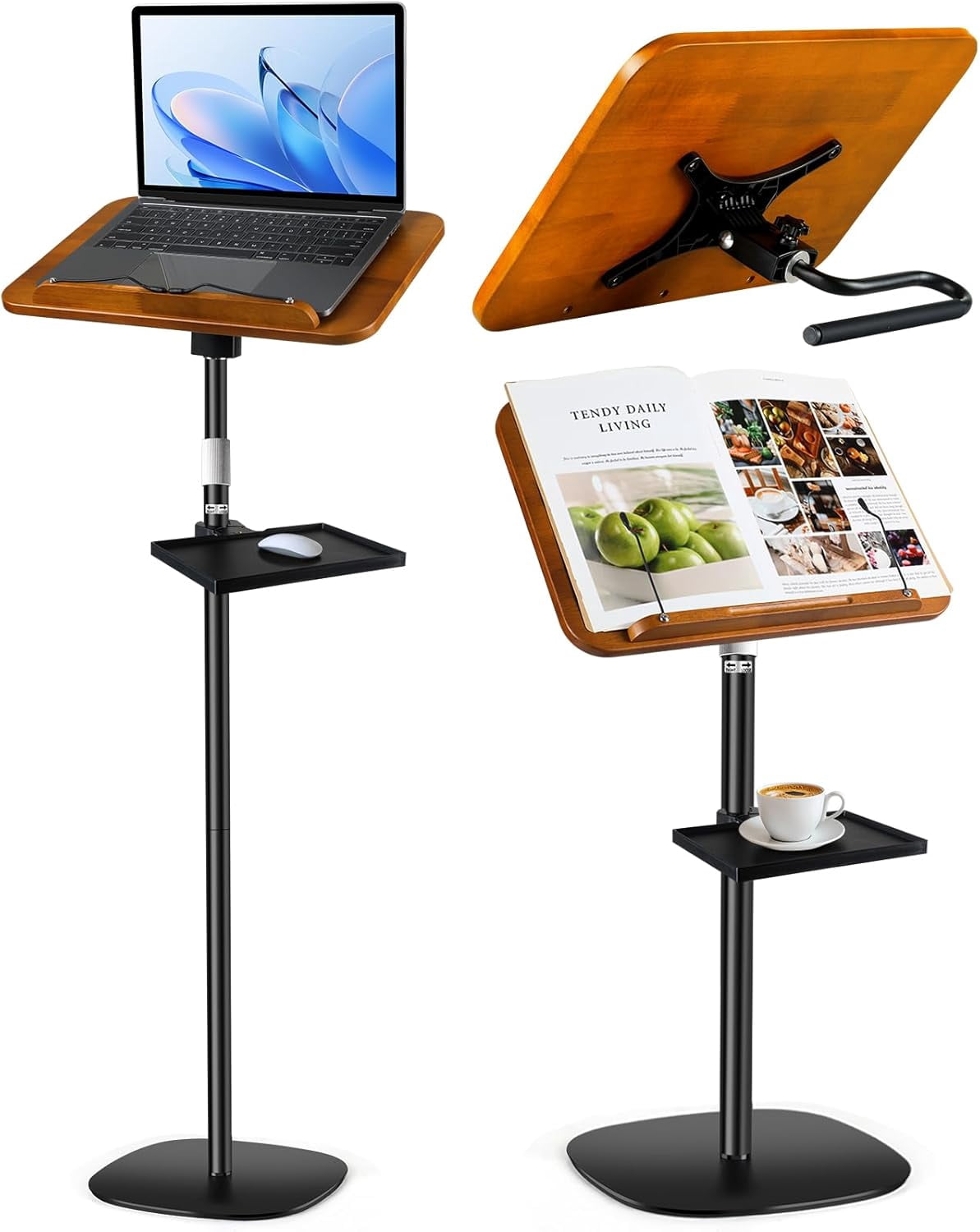 2-in-1 Dual-use Floor & Desktop Book Stand, Heavy Duty Wooden Music Stand with Adjustable Height from 16.5" to 51", Book Holder with Elastic Page Clips & Tray for Cookbook,Magazine,Laptop, Projector