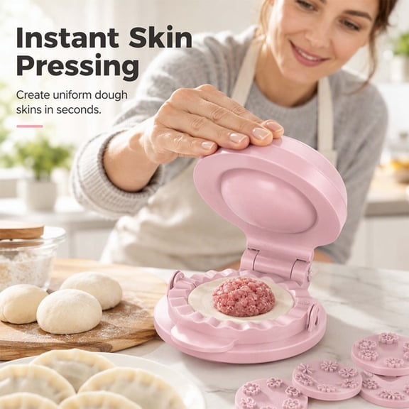 2-in-1 Dumpling Maker Press, Manual Dough Wrapper and Dumpling Forming Tool with 6 Pattern Molds for Homemade Dumplings, Empanadas, Ravioli and Filled Pastry Prep, Pink