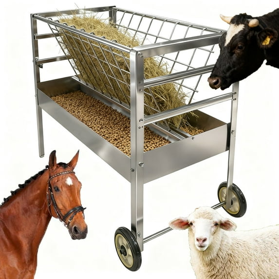 2-in-1 Durable Goat Feeder Cart, Hay Feeder with Wheels,Weather-Resistant Sheep Feeding Cart for Mares, Foals, Colts