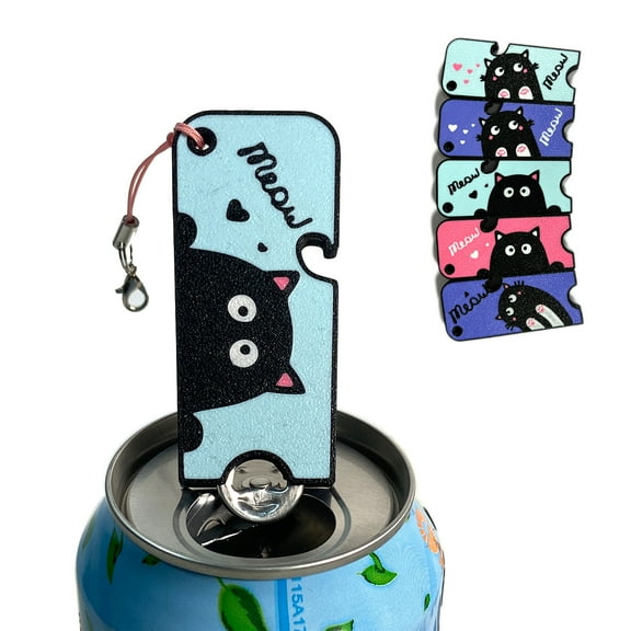 2 in 1 Easy Can Tab Opener Soda Can Opener with Keychain Strap Help for Long Nails,Kids,Sore Hands,Arthritis Cat Face Blue