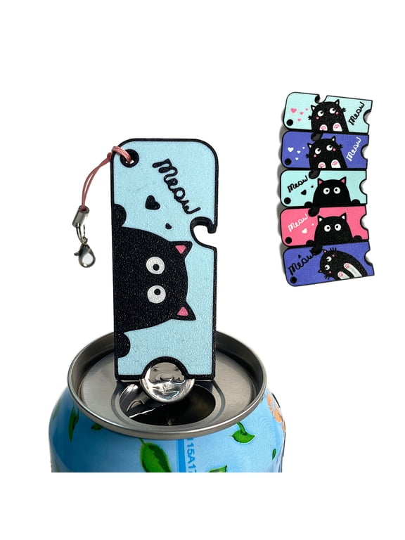 2 in 1 Easy Can Tab Opener Soda Can Opener with Keychain Strap Help for Long Nails,Kids,Sore Hands,Arthritis Cat Face Blue